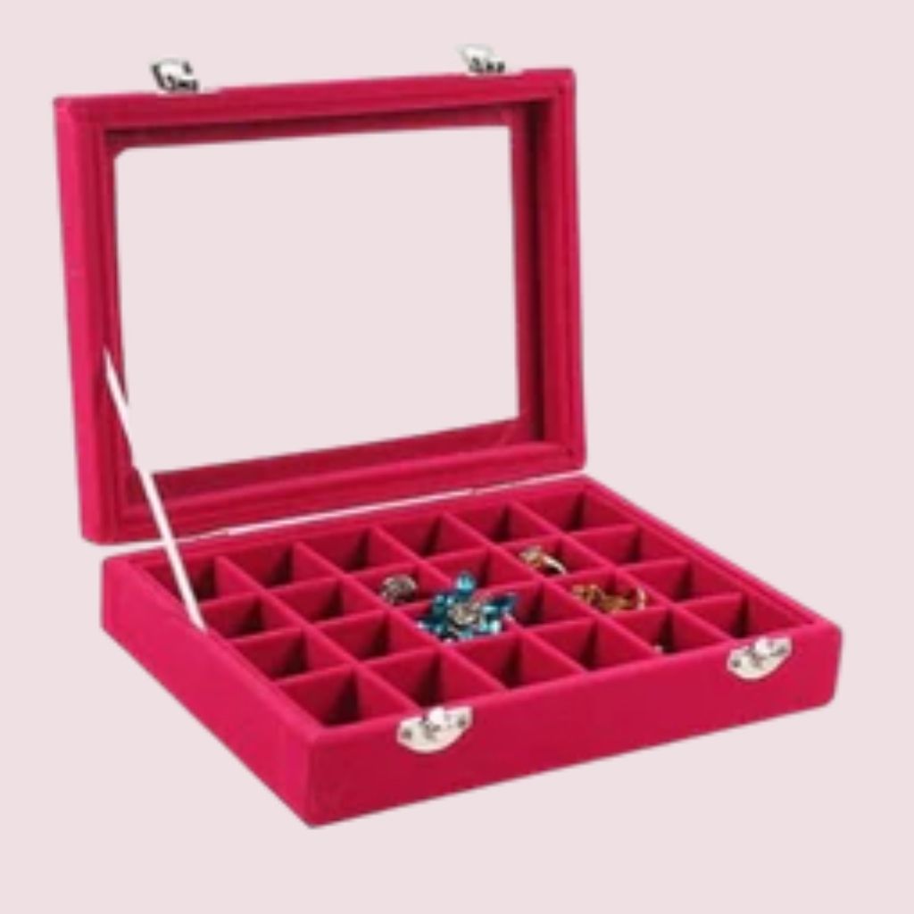 Keep your valuable rings & earrings safely, and add some charm to your master suite vanity or dresser with this lovely jewelry organizer earring box. The see-through cover opens to reveal 24 grids to store your jewelry.