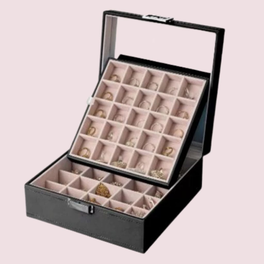 Order this well-made earring ring jewelry display storage box has 25 sections on the lined top tray and 25 sections in the bottom of the box is perfect jewelry storage case for girls & women.