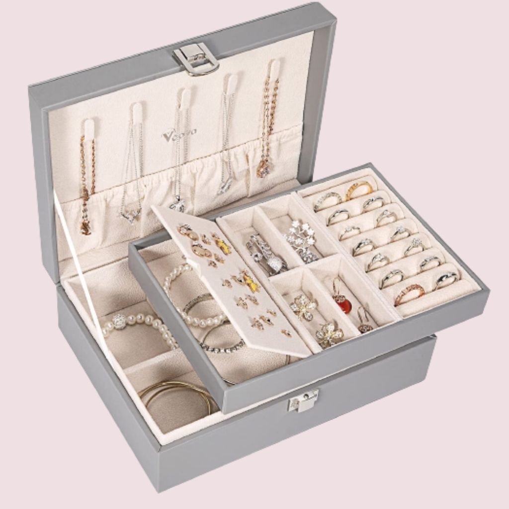 Order this premium quality jewelry box, features elegant embossed leather clad, odorless, waterproof and anti-abrasive, easily clean with a damp cloth. Constructed with wooden frame, sturdy and durable to stand heavy jewelry cosmetic
