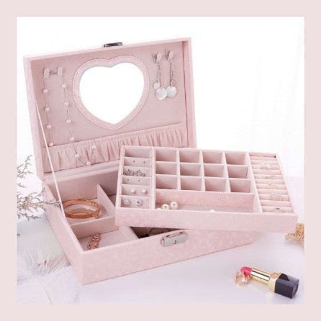 Order this Double-layered jewelry organizer box that is perfect jewelry box for women that stores all your necklaces, chains, rings, bracelets, pendants, bangles, and watches as well as features a lock. 
