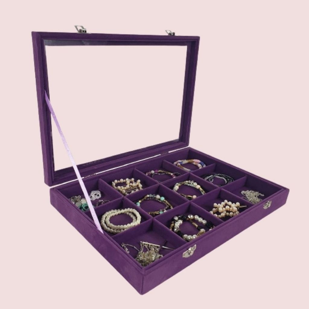 Shop online this 12 grid jewelry bracelet & bangles storage tray with free shipping. Great for in-store and at-home use, the display box features 12 compartments and a see through glass allowing your jewelry to be displayed on a counter-top or in a drawer