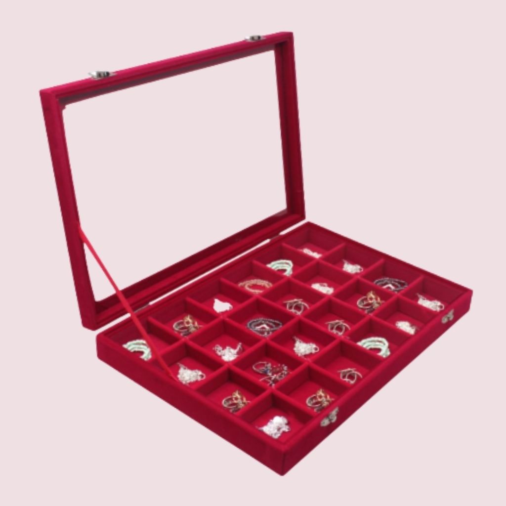 Order this 24 grid jewelry display box/case with clear lid which Keep your jewelry safely tucked away, and add some charm to your master suite vanity or dresser. With this elegant box you store your valuable rings earring safely. 