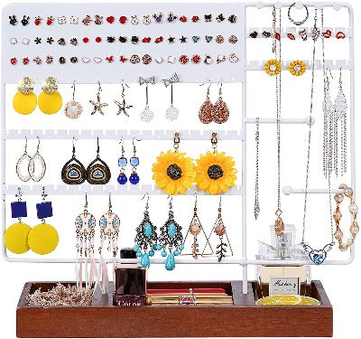 6 Tier Multifunctional Jewelry Display Stand with Wooden Storage Tray
