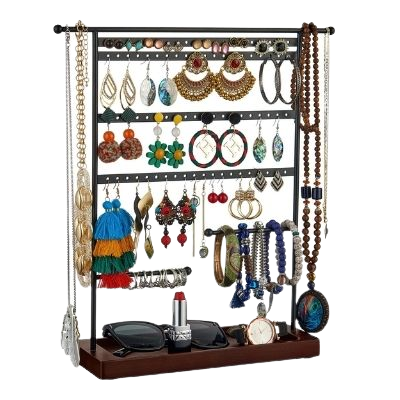 Jewelry Holder Stand with 4 Tier Necklace Holder Wooden Tray
