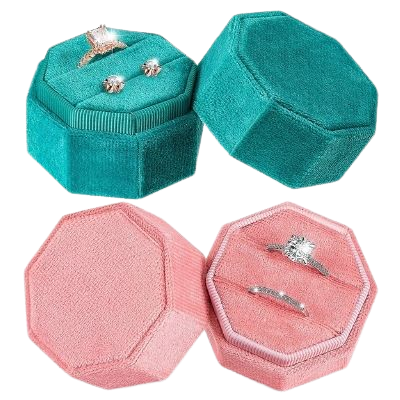 2 Pieces Octagon Velvet Ring Storage Box with Detachable Lid